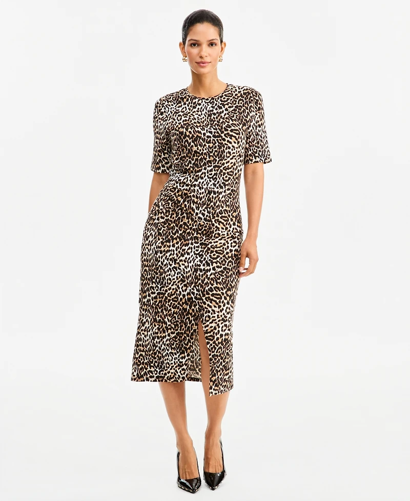 I.n.c. International Concepts Women's Leopard-Print Front Slit Short-Sleeve Midi Dress, Macy's Exclusive