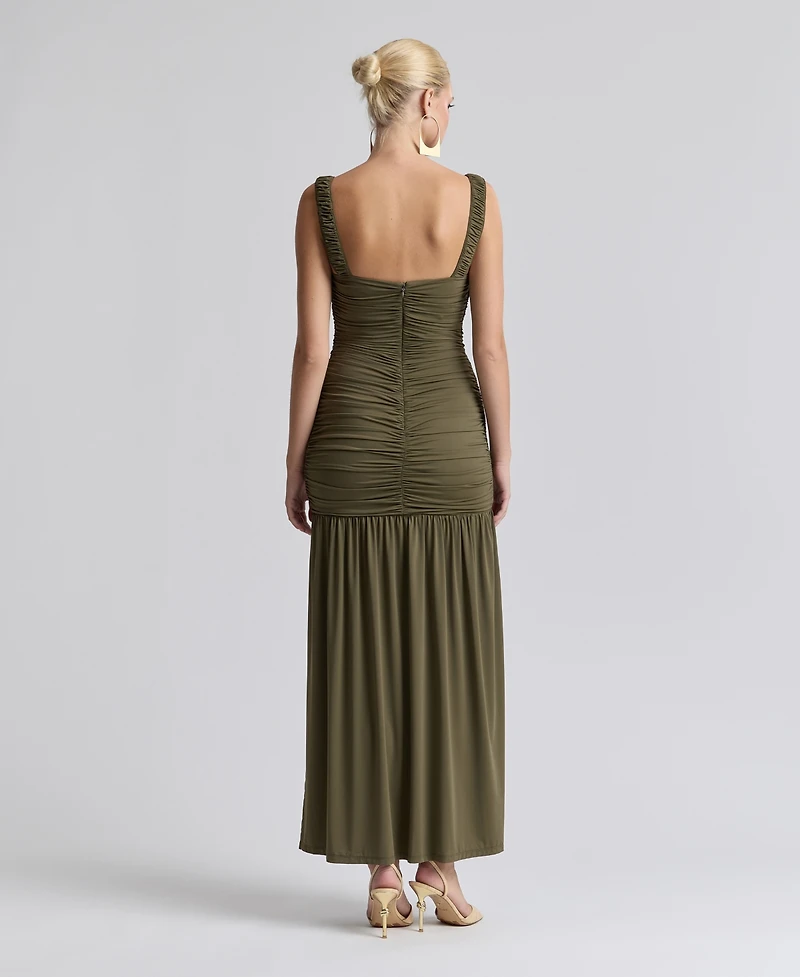 Avec Les Filles Women's Shirred Mesh Drop Waist Maxi Dress