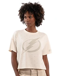 Starter Women's Cream Tampa Bay Lightning Rhinestone Sprinkle Boxy Cropped T-Shirt