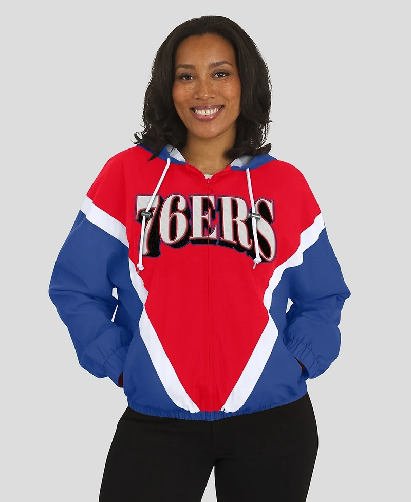 Wear by Erin Andrews Women's Red/Royal Philadelphia 76ers Color block Full-Zip Hoodie Windbreaker Jacket