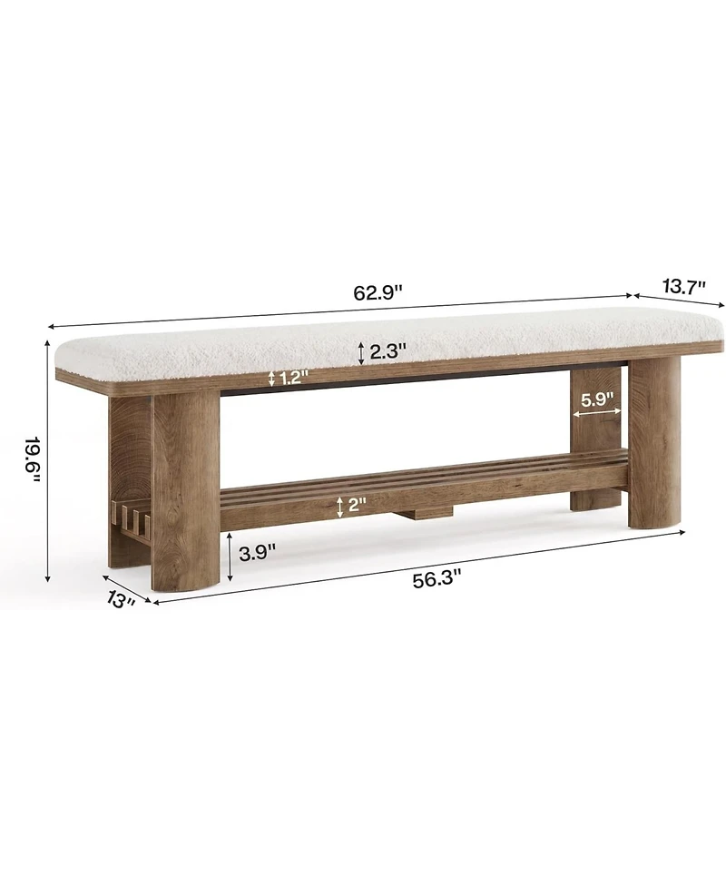 Tribesigns End of Bed Bench with Faux Lamb Wool Cushion for Bedroom, 62.9-Inch Wooden Upholstered Storage Bedroom Bench with Shoe Rack