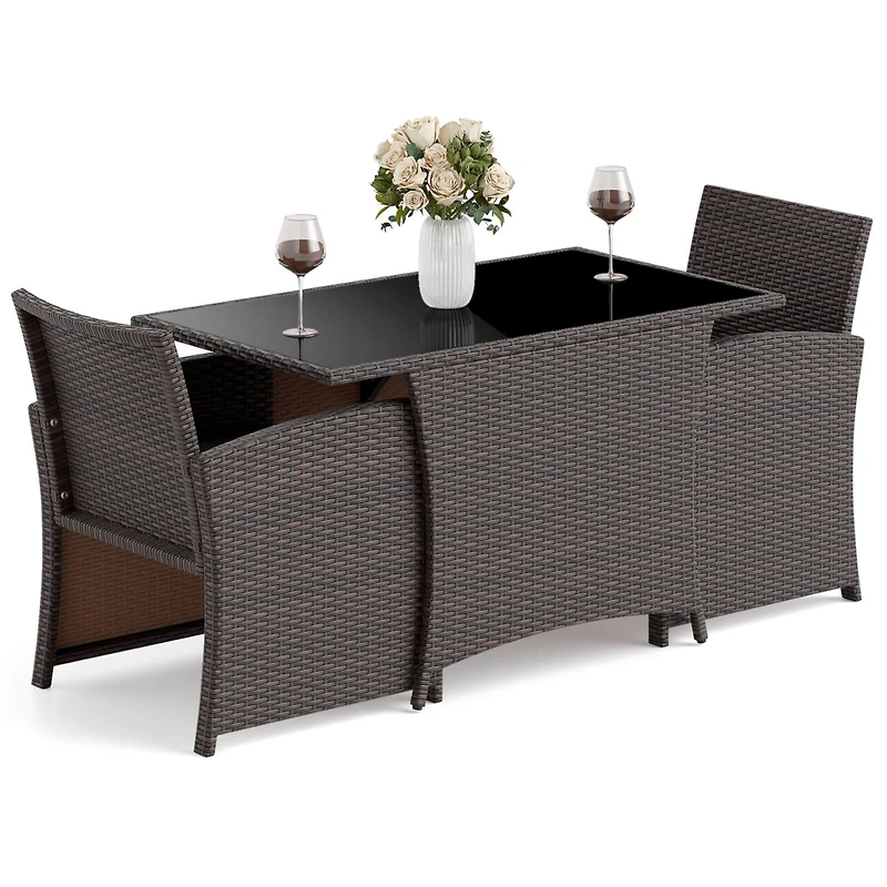 Costway 3 Piece Wicker Bistro Set Balcony Furniture Set with Tempered Glass Dining Table