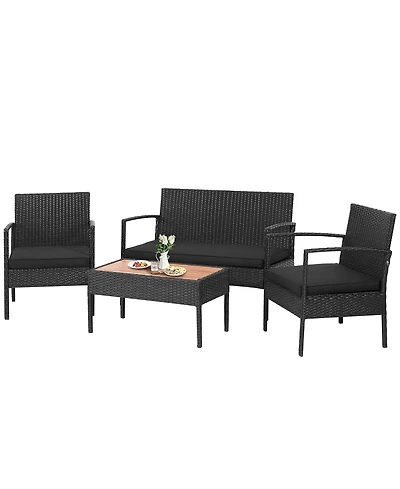 Costway 4Pieces Patio Rattan Furniture Set Cushioned Chair Wooden Tabletop