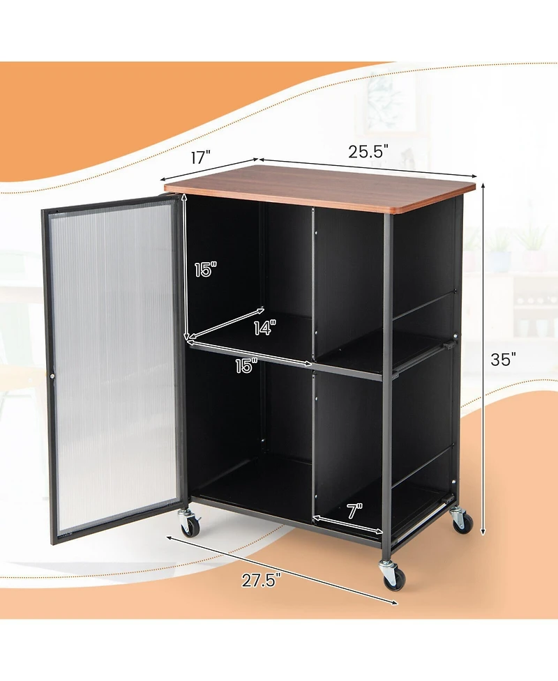 Gouun Mobile Serving Cart with Transparent-Door Cabinet, 360-Degree Casters and Towel Rack, 27.5 x 17 in
