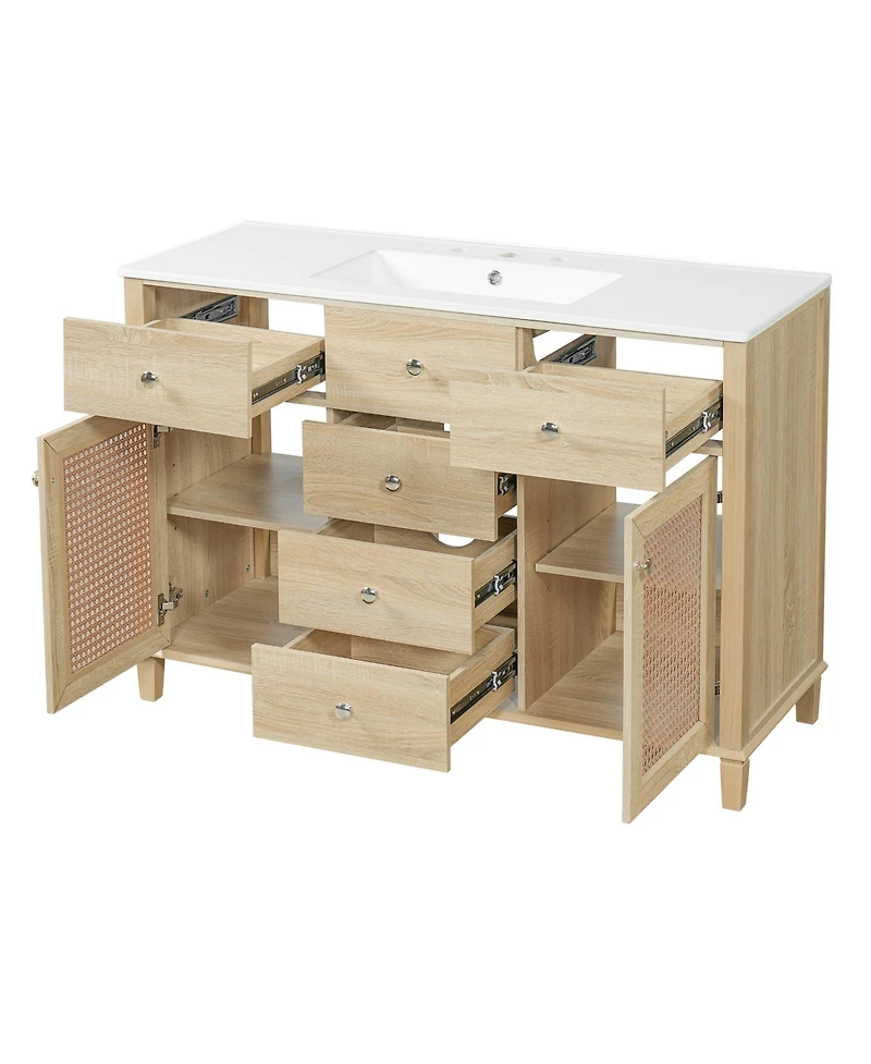 Phying 48 Inch Natural Rattan Bathroom Vanity Solid Wood Frame Bathroom Storage Cabinet with 5 Drawers 2 Rattan Cabinet Doors and Premium Ceramic Sink