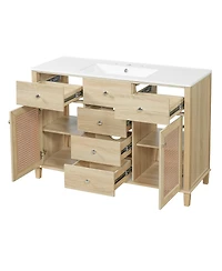 Phying 48 Inch Natural Rattan Bathroom Vanity Solid Wood Frame Bathroom Storage Cabinet with 5 Drawers 2 Rattan Cabinet Doors and Premium Ceramic Sink