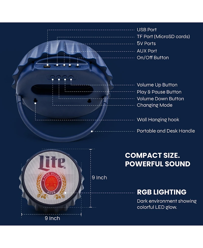 Miller Lite Bluetooth Bottle Cap Speaker with Led Lights, Fm Radio, Kickstand, and Wall Mount