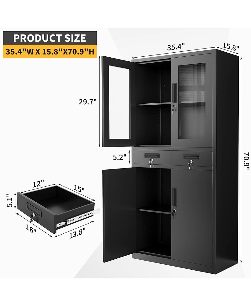 homfan Lockable Metal Storage Cabinet with Glass Doors