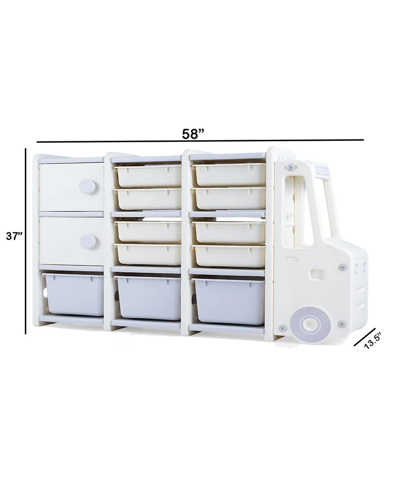 Slickblue Truck-Shaped Toy Chest for Kids with 11 Removable Bins and Storage Cabinets