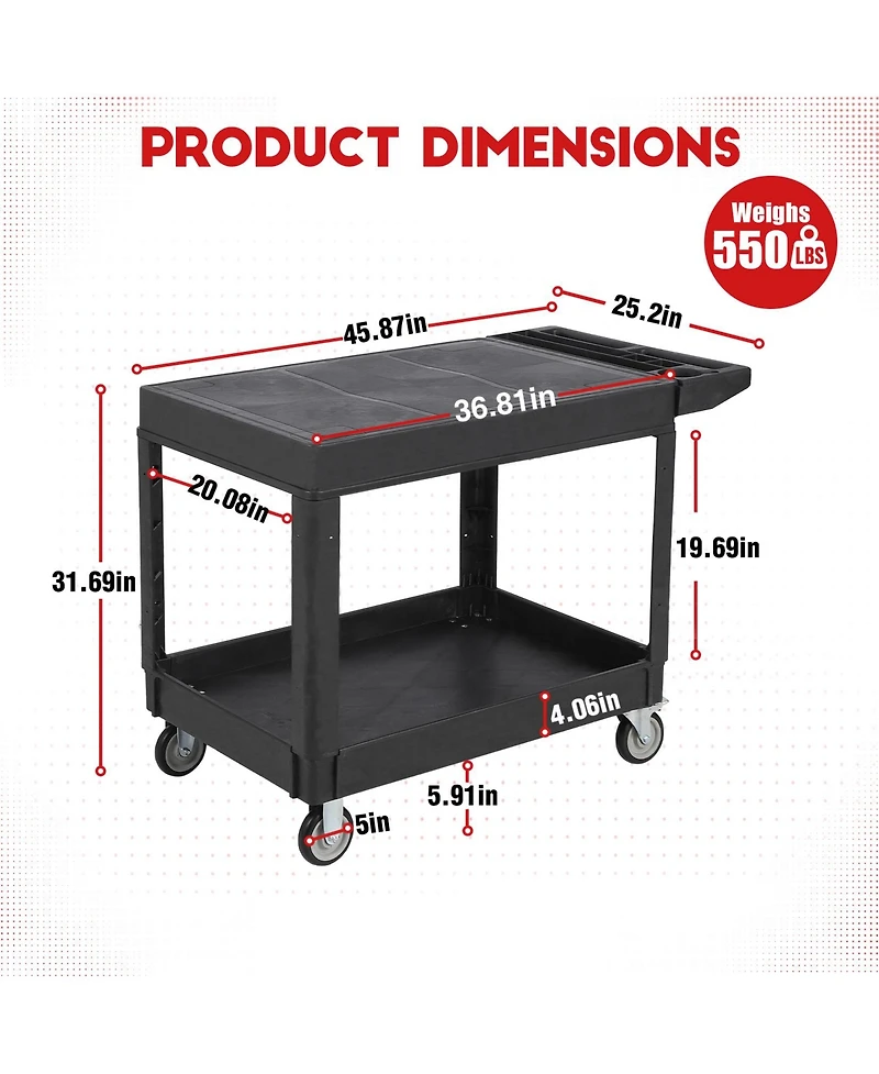homfan 46.1L x 25.8W x 33.9H in Heavy Duty Utility Cart with Double Layer Shelves, Pp Tool Trolley for Garage Warehouse Workshop