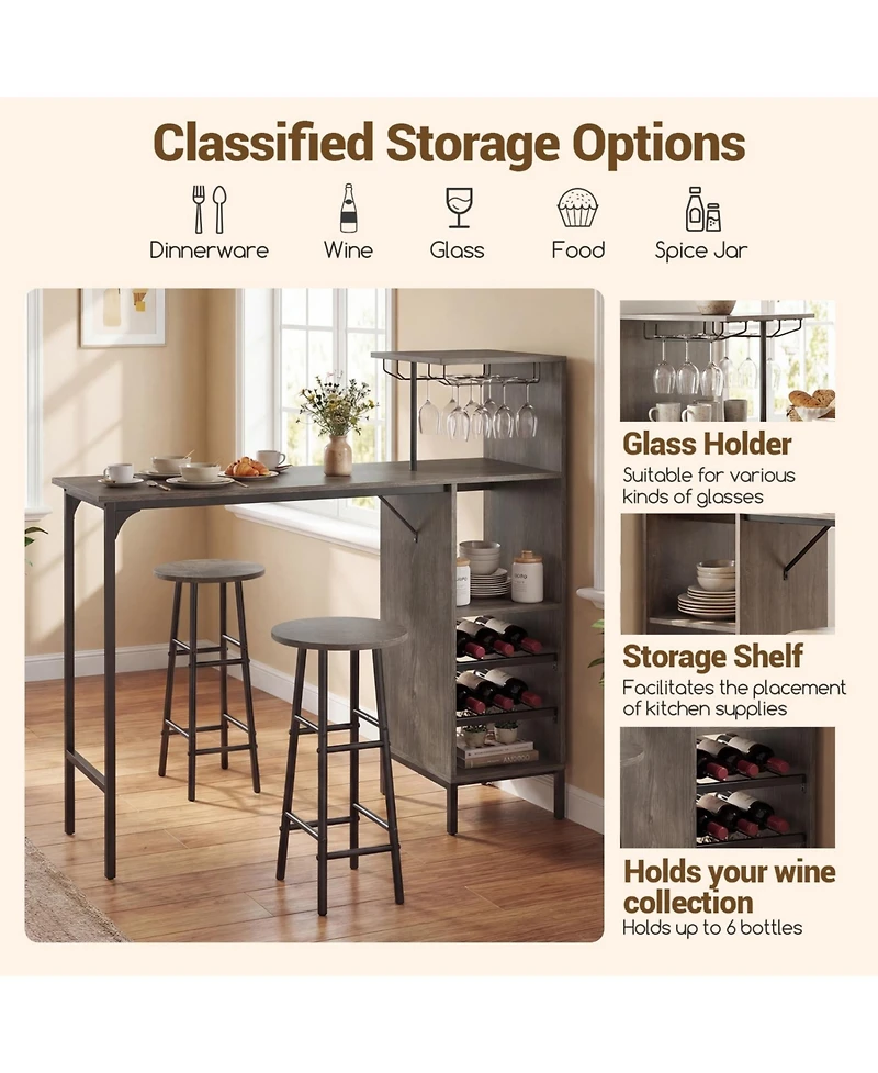 Slickblue 3 Piece Kitchen Bar Table Set with Chairs and 6-Bottle Wine Rack Shelf