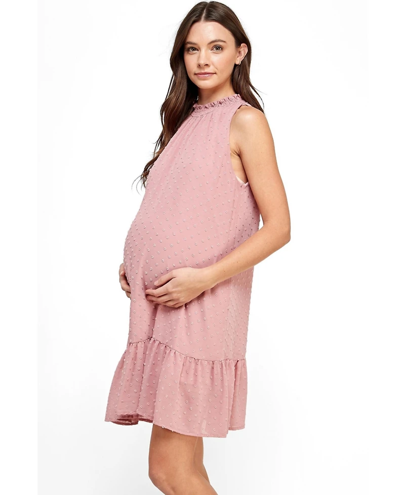 Hello Miz Maternity Swiss Dot Mock Neck Dress with Ruffle Hem