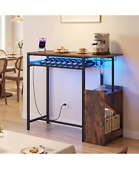 Slickblue Rectangular Bar Table with Power Outlets Led Lights and Storage Space