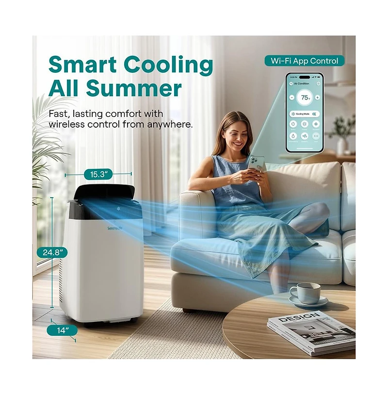 SereneLife 8,000 Btu Portable Air Conditioner with WiFi – 3-in-1 Ac, Fan and Dehumidifier with Remote