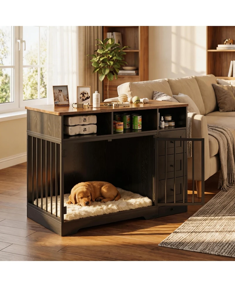 homfan Dog Crate Tv Stand, Farmhouse Media Console with Storage Drawers and Pet Bowl, Heavy Duty Indoor Kennel Table for Small Medium Dogs
