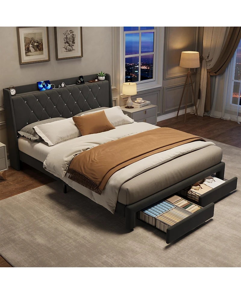Gaomon Velvet Upholstered Platform Bed Frame with Crystal Tufted Headboard, 2 Storage Drawers, Built-in Charging Station, Noise-Free