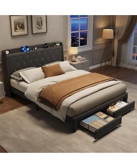 Gaomon Velvet Upholstered Platform Bed Frame with Crystal Tufted Headboard, 2 Storage Drawers, Built-in Charging Station, Noise-Free