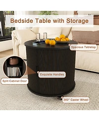 Rainsken Modern Cylinder End Table Set of 2, with Built-in Charging Station and Sliding Door, Fluted Accent Nightstand, for Living Room, Bedroom