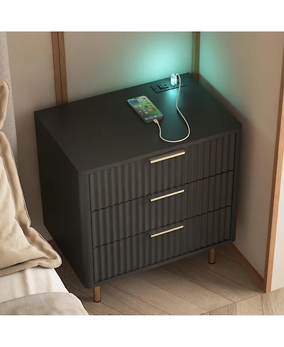 Clihome Modern Nightstand with Storage Cabinet, Charging Station, Bed Table Night Light