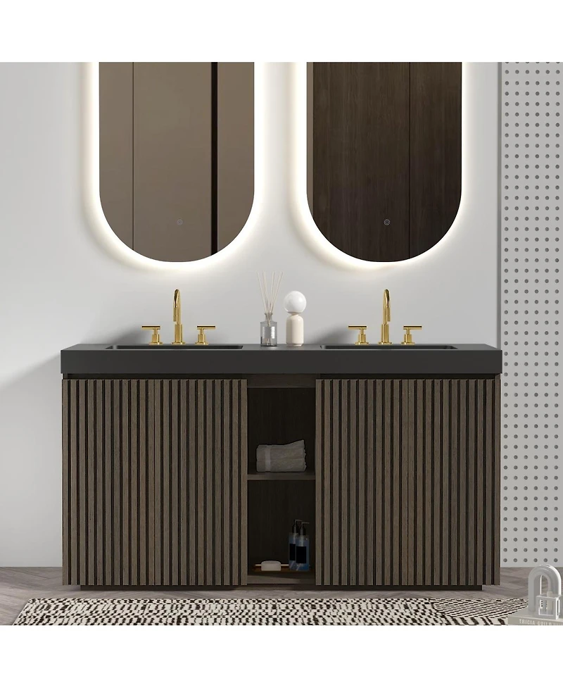 Sillysis 60 Inch Double Sink Bathroom Vanity with Quartz Top, Soft Close Fluted Doors, Adjustable Shelves, Ample Storage, Modern Design