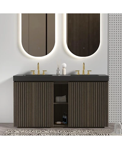 Sillysis 60 Inch Double Sink Bathroom Vanity with Quartz Top, Soft Close Fluted Doors, Adjustable Shelves, Ample Storage, Modern Design
