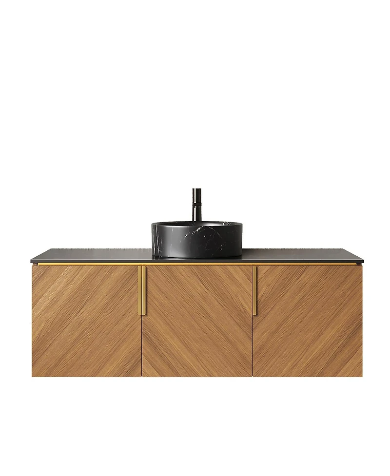 Sillysis Floating Bathroom Vanity Cabinet with Ceramic Vessel Sink, Sintered Stone Countertop, Large Storage