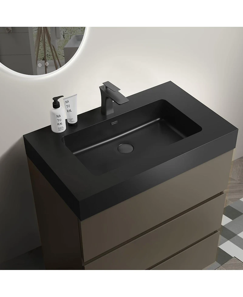 Sillysis Contemporary Bathroom Vanity with Black Sink, Large Soft Close Drawers, Handle-Free Freestanding Storage