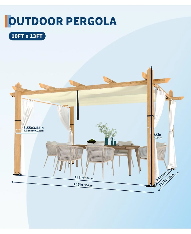homfan 10' x 10' Outdoor Pergola Retractable Waterproof Canopy and Mesh Screens, Powder-Coated Aluminum Frame