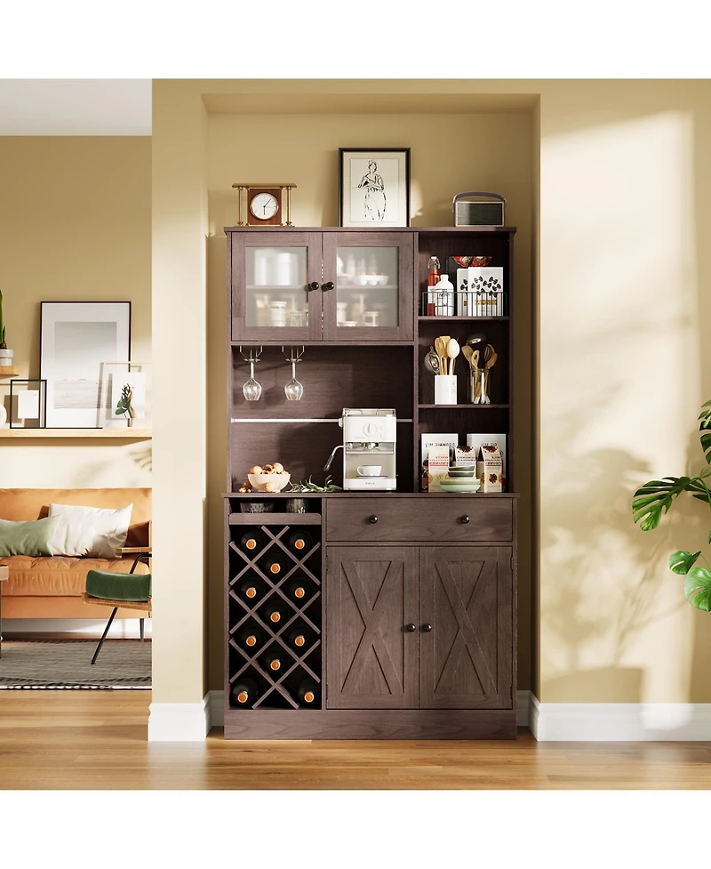 homfan Coffee Bar Cabinet with Power Outlet and Barn Doors, Sideboard Buffet Wine Rack, Storage for Kitchen, Dining Room