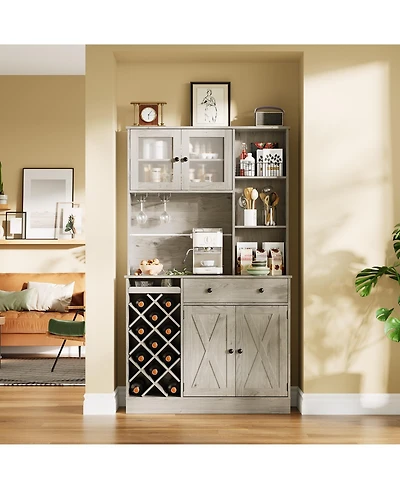 homfan Coffee Bar Cabinet with Power Outlet and Barn Doors, Sideboard Buffet with Wine Rack, Storage Cabinet for Kitchen, Dining Room