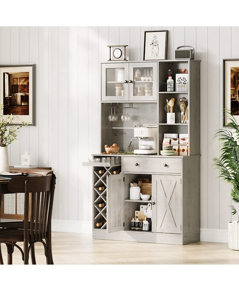 homfan Coffee Bar Cabinet with Power Outlet and Barn Doors, Sideboard Buffet with Wine Rack, Storage Cabinet for Kitchen, Dining Room