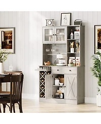 homfan Coffee Bar Cabinet with Power Outlet and Barn Doors, Sideboard Buffet with Wine Rack, Storage Cabinet for Kitchen, Dining Room