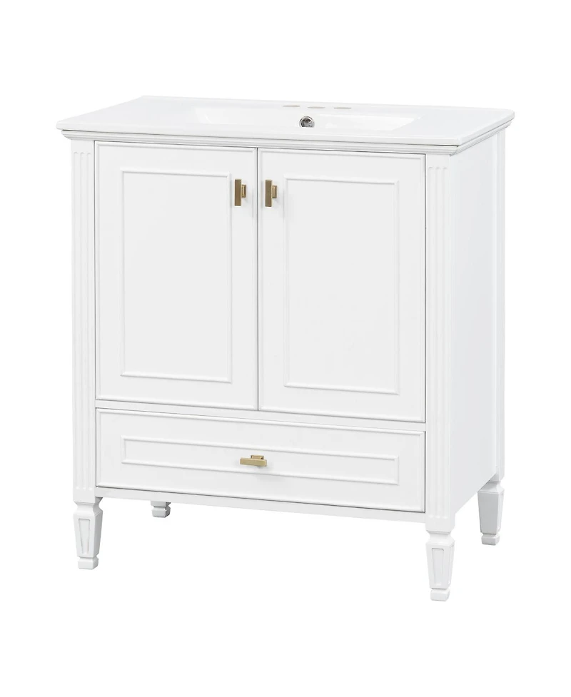 Sillysis 30 Inch Retro Bathroom Vanity with Ceramic Sink, Solid Wood Frame, Soft Close Doors and Bottom Drawer Storage