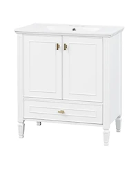 Sillysis 30 Inch Retro Bathroom Vanity with Ceramic Sink, Solid Wood Frame, Soft Close Doors and Bottom Drawer Storage