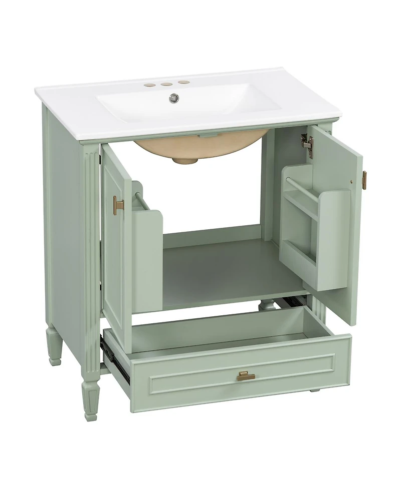 Sillysis 30 Inch Retro Bathroom Vanity with Ceramic Sink, Solid Wood Frame, Soft Close Doors and Bottom Drawer Storage