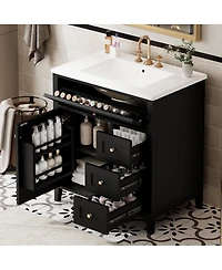 Sillysis 30 Inch Modern Bathroom Vanity with Storage Cabinet, Solid Wood Legs, Flip Drawer and Adjustable Shelves
