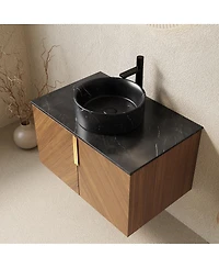 Sillysis Floating Bathroom Vanity Cabinet with Ceramic Vessel Sink, Sintered Stone Countertop, Large Storage
