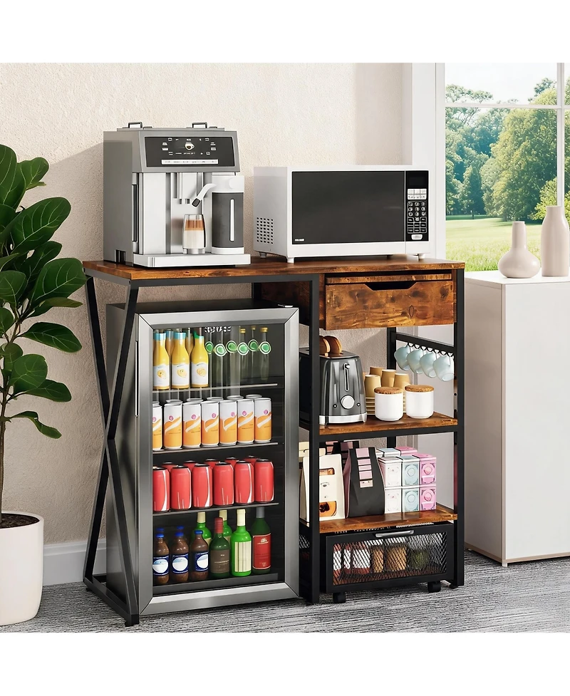 homfan 45-Inch Coffee Bar Cabinet with Mini Fridge Space Microwave Shelf Power Outlets Beverage Wine Storage Station Kitchen Pantry Organizer