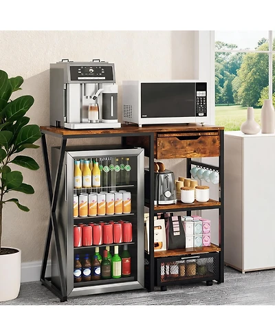 homfan 45-Inch Coffee Bar Cabinet with Mini Fridge Space Microwave Shelf Power Outlets Beverage Wine Storage Station Kitchen Pantry Organizer