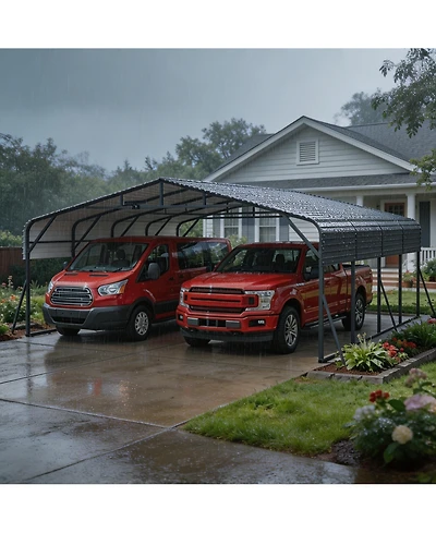 homfan Hardtop Steel Carport with Solar Light, Heavy Duty Metal Vehicle Shelter for Cars Trucks Boats Driveway Patio