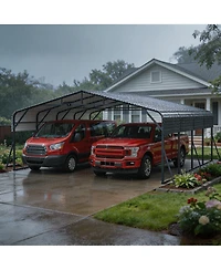 homfan Hardtop Steel Carport with Solar Light, Heavy Duty Metal Vehicle Shelter for Cars Trucks Boats Driveway Patio