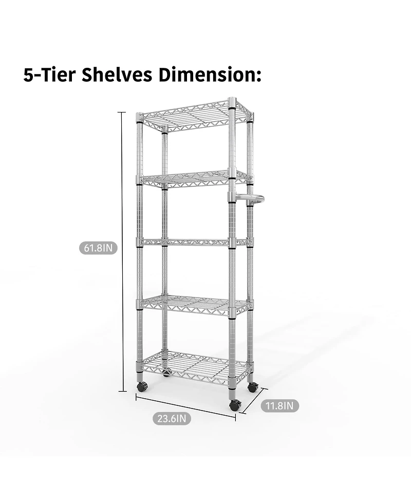 homfan Rolling Bar Cart, 61 Inch Metal Display Rack with Adjustable Shelves and Locking Wheels for Kitchen or Pantry