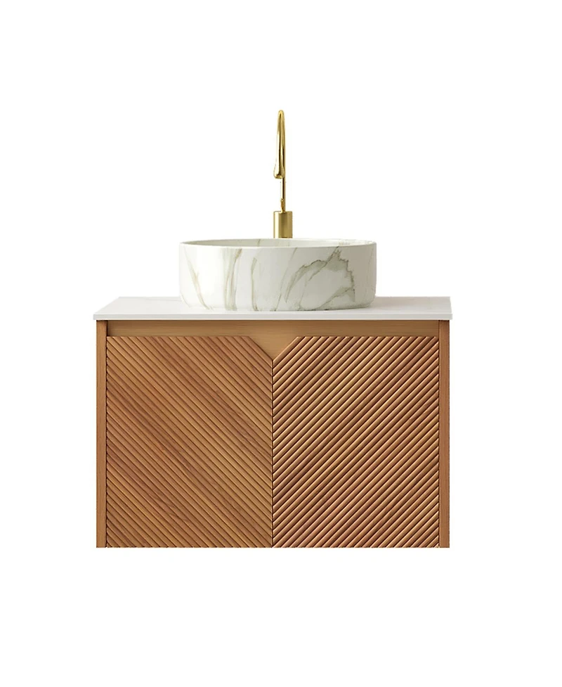 Sillysis Floating Bathroom Vanity with Ceramic Vessel Sink, Carrara Sintered Stone Top, Solid Wood Door