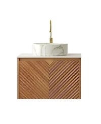 Sillysis Floating Bathroom Vanity with Ceramic Vessel Sink, Carrara Sintered Stone Top, Solid Wood Door