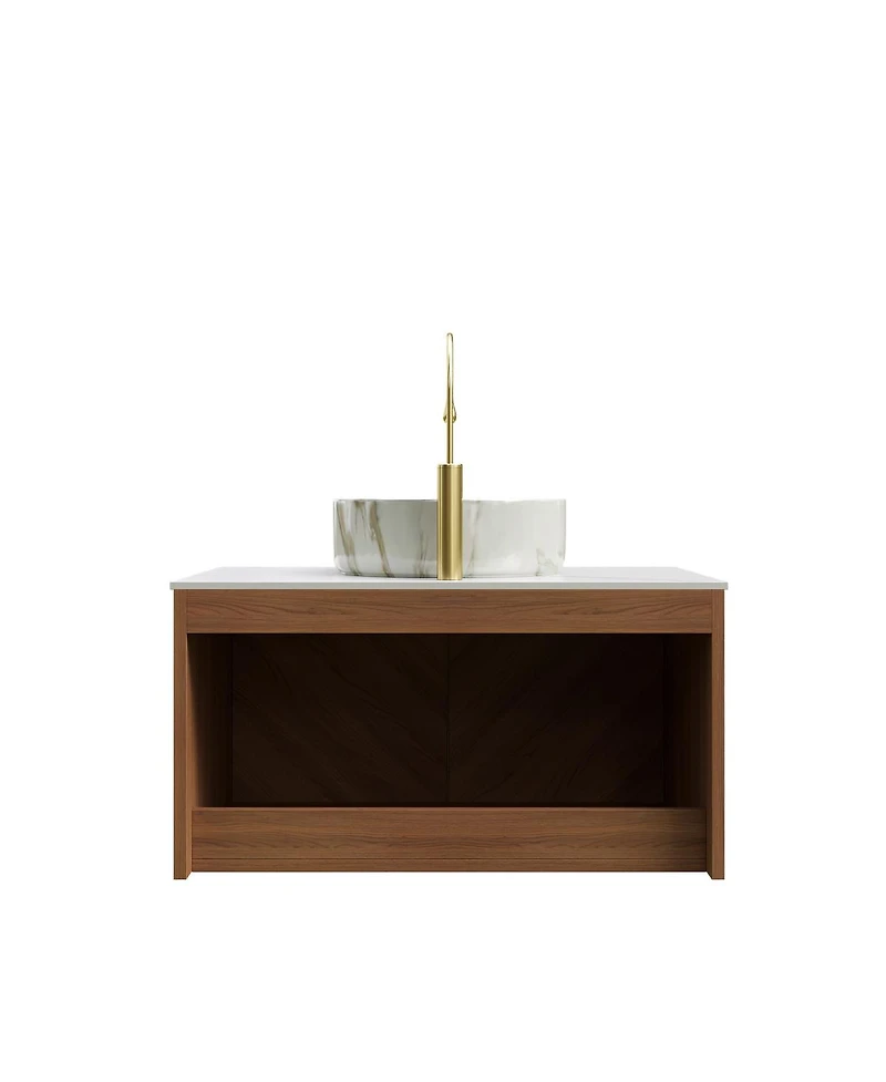 Sillysis Floating Bathroom Vanity with Ceramic Vessel Sink, Carrara Sintered Stone Top, Solid Wood Door