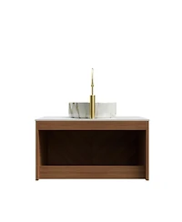 Sillysis Floating Bathroom Vanity with Ceramic Vessel Sink, Carrara Sintered Stone Top, Solid Wood Door