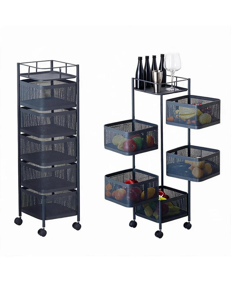 homfan 5 Tier Bar Cart, 38 Inch Metal Mesh Rolling Storage Cart with Rotating Baskets and Locking Wheels for Kitchen or Pantry