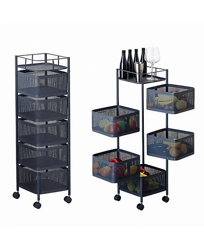 homfan 5 Tier Bar Cart, 38 Inch Metal Mesh Rolling Storage Cart with Rotating Baskets and Locking Wheels for Kitchen or Pantry