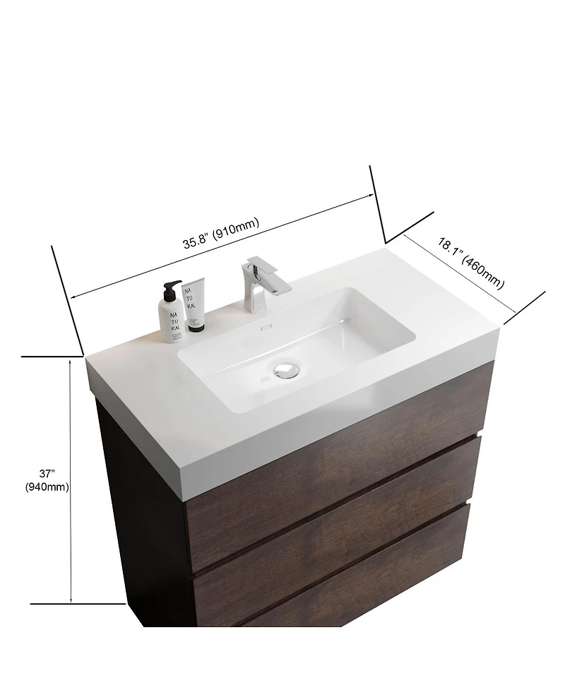 Sillysis Modern Bathroom Vanity with Stone Sink, Pre-assembled Soft Close 3 Drawers