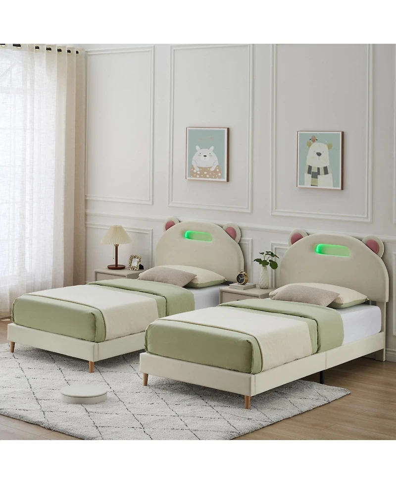 homfan Twin Bed Frame with Led Lights, Upholstered Platform Bed with Headboard and Wooden Slats Support, Noise Free, No Box Spring Needed 2 Pack